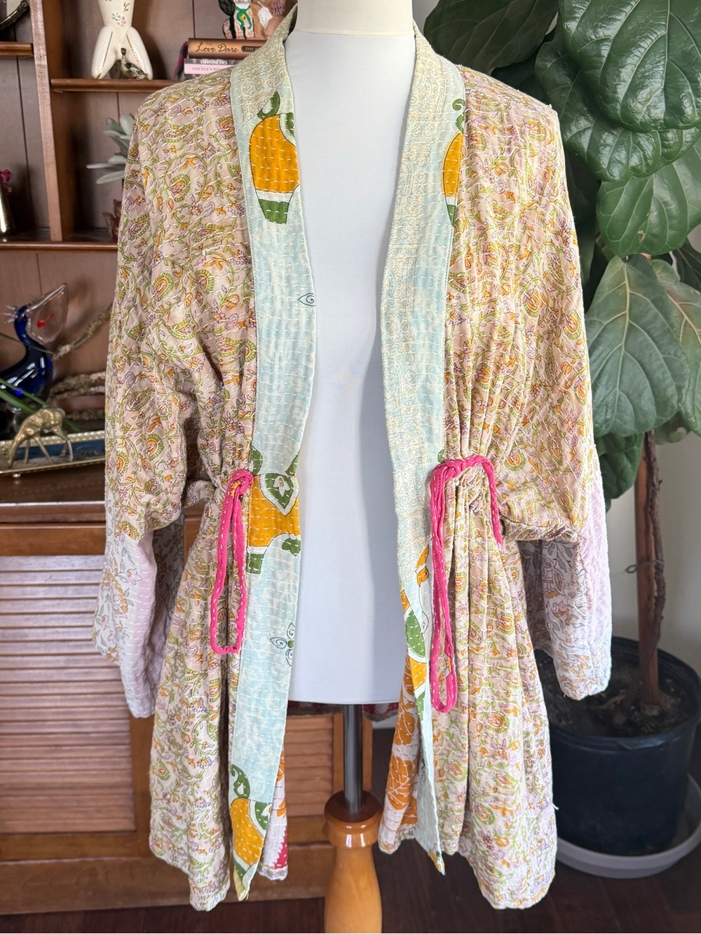Kantha Bae Dreamweaver Vintage Cotton Sari Pastel Cinch Kimono OS